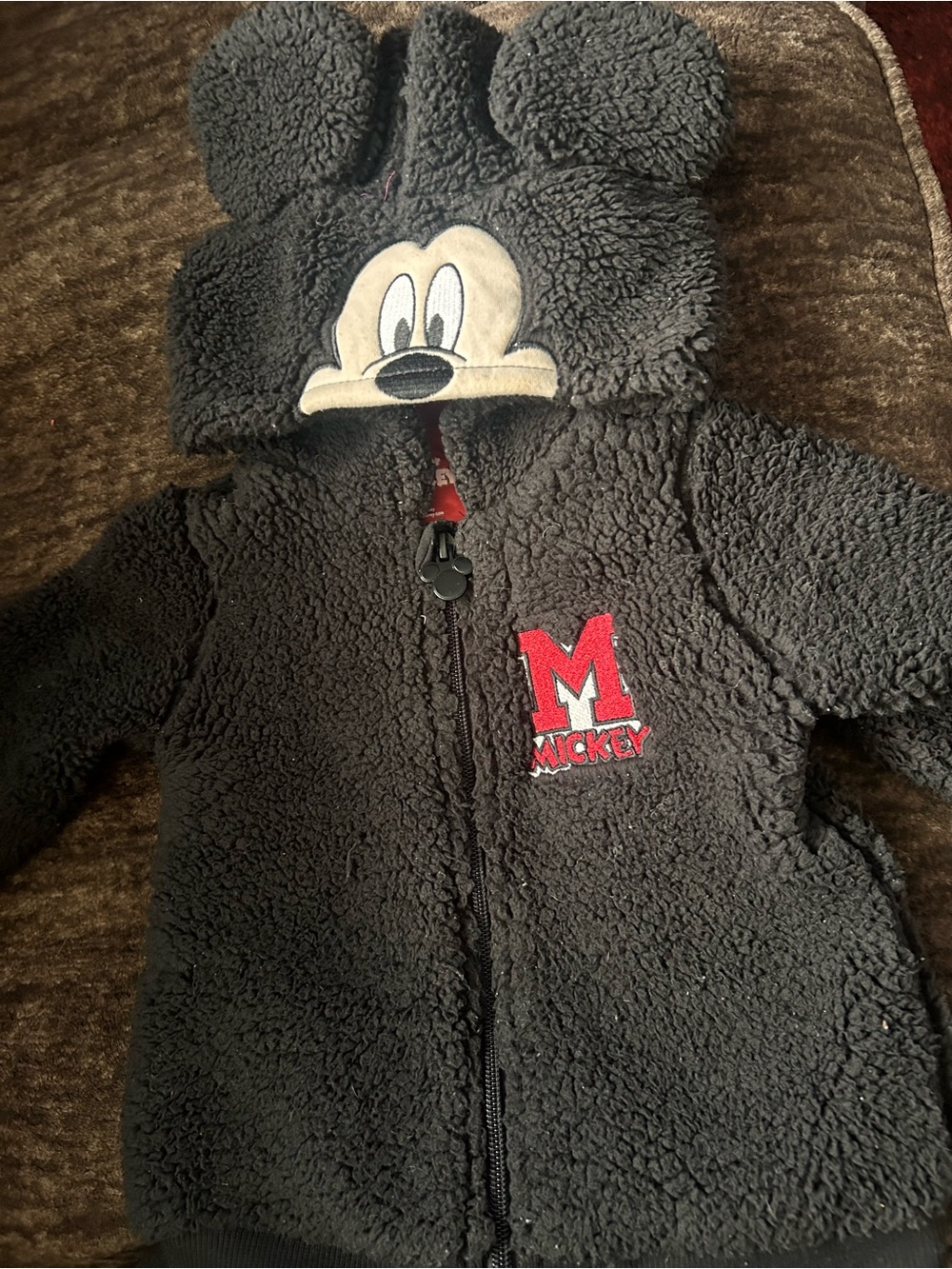 Disney Black Fuzzy Jacket with Red & White Mickey Patch